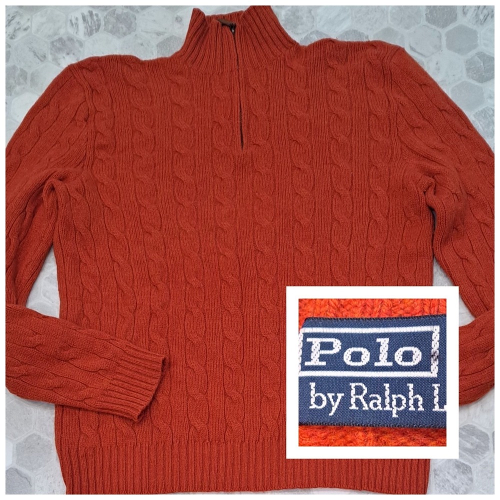 Polo Ralph Lauren Sweater Mens Large Orange Lambs Wool Quarter Zip Pullover